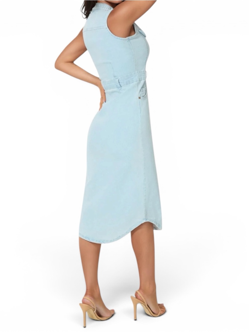 bebe Sleeveless Light Denim Midi Shirt Dress w/ Front Slit & Botton Down -Size S - Picture 12 of 12
